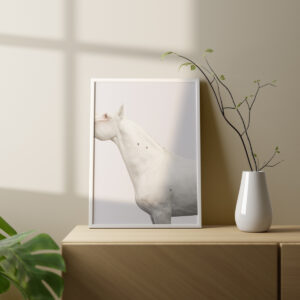 Ein Bild von einem weißgeborenem Knabstrupper mit drei einzelnen Punkten auf dem Fell. Das Bild ist als Fine Art Print gedruckt und steht auf einer Kommode. Fotografiert von Kim Kärger.