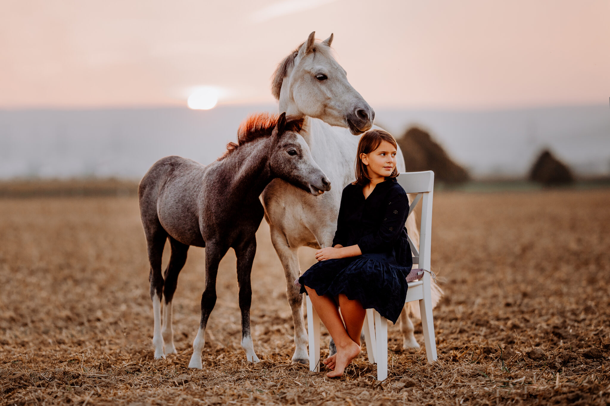 Ein Mädchen sitzt auf einem weißen Stuhl im Freien. Neben ihr steht ihr Pony gemeinsam mit ihrem Fohlen.